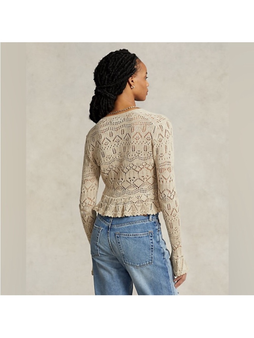 Ralph Lauren Tie-Front Crochet Cardigan Sweater Top - Beige - Picture 5 of 5